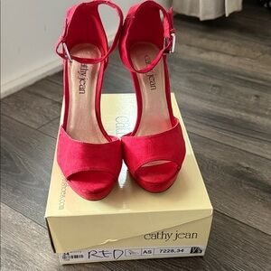 Cathy Jean Bold Red Open-Toe Heels